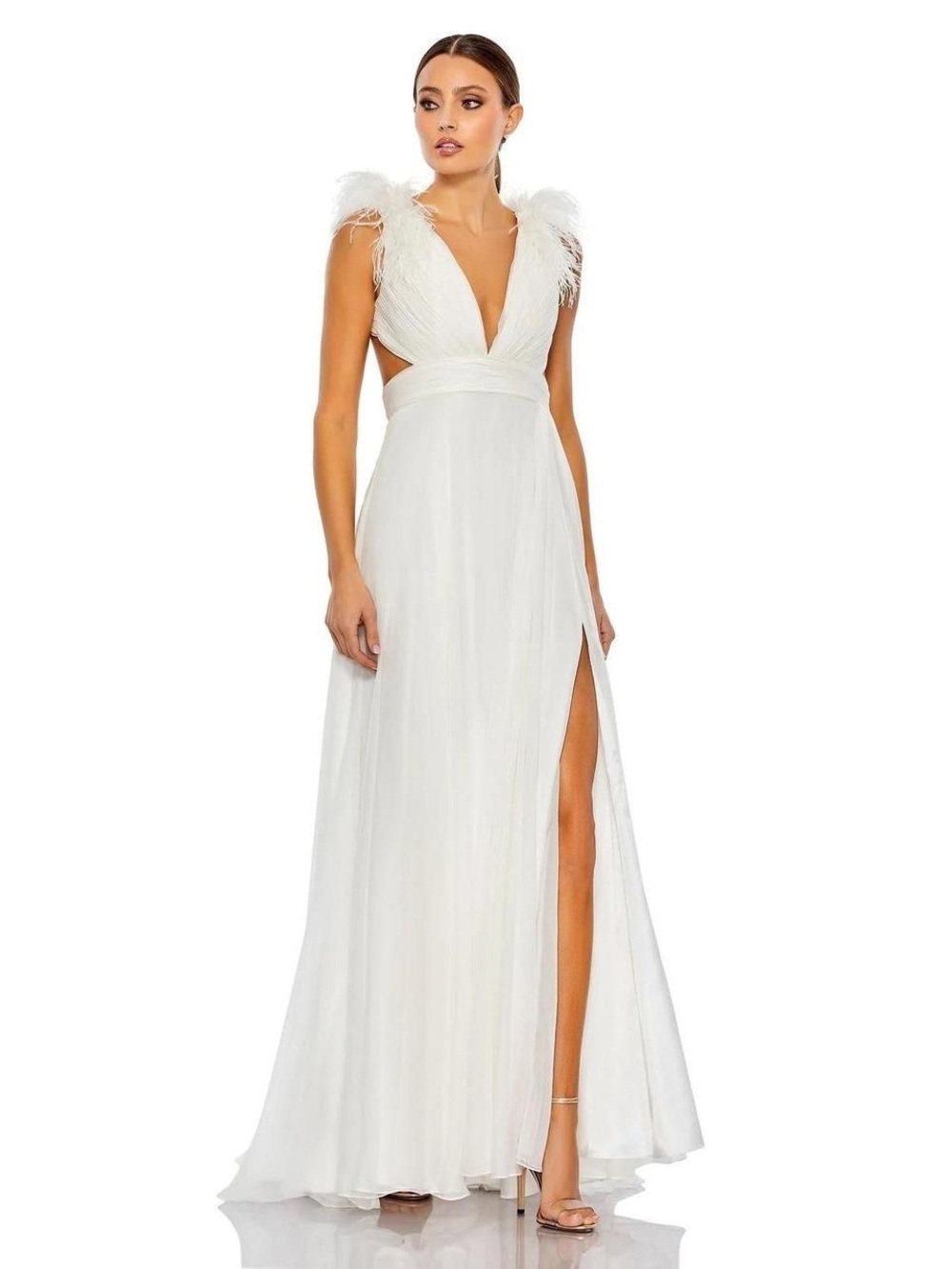 Mac Duggal White Feather-Shoulder V-Neck Maxi Gown